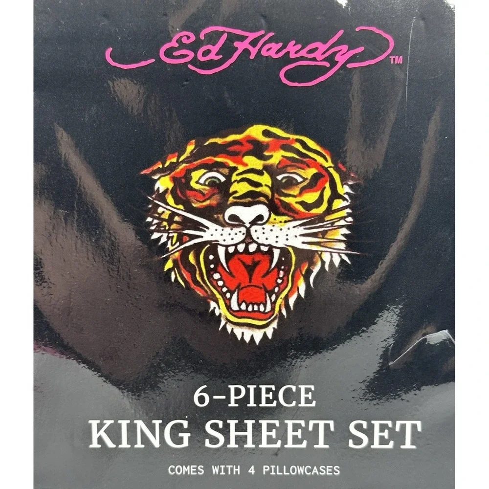 Ed Hardy King Sheet Set 6 Piece Camo Tiger 4 Pillowcases New